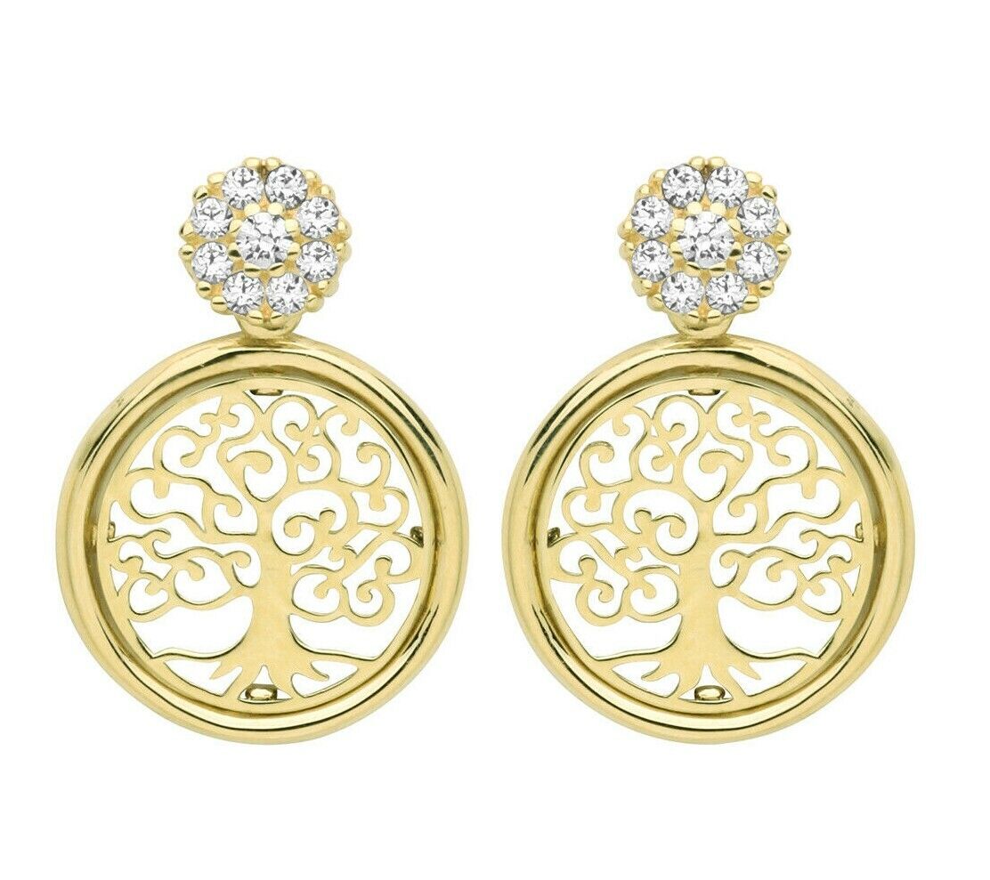 9ct Yellow Gold Tree Of Life Zirconia Drop Earrings ES640