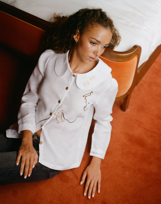 Eat Together Embroidered Claudine Linen Blouse - White  x Sshepaints