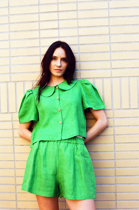 Frances Linen Cropped Blouse  - Jade - Delivery from April 2026
