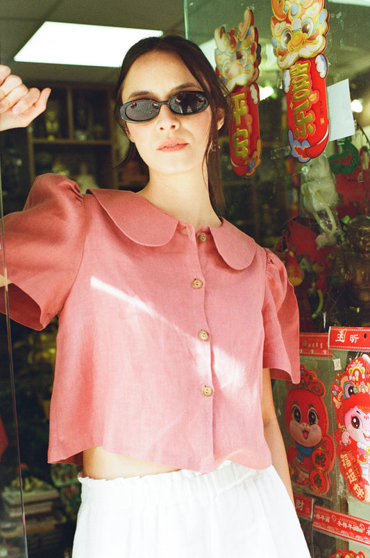 Frances Linen Cropped Blouse  - Berry - Delivery from April 2026