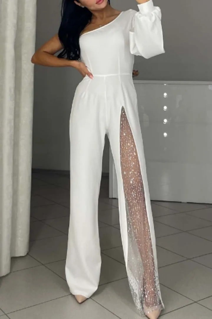 Fashion One-shoulder Sexy Mesh Stitching Jumpsuit