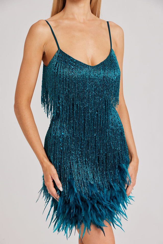 Fashionable Tassel Sequined Feather Patchwork Dress