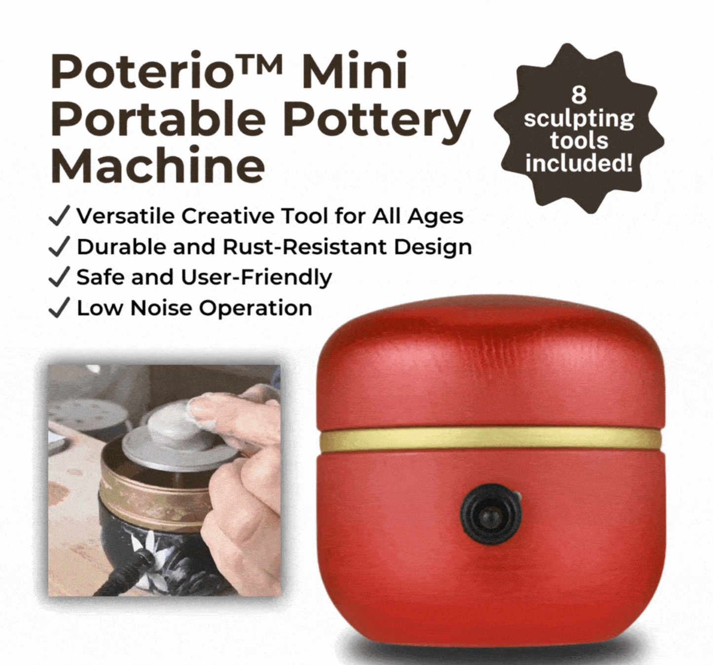 Poterio Mini Portable Pottery Machine | 8 Sculpting Tools Included