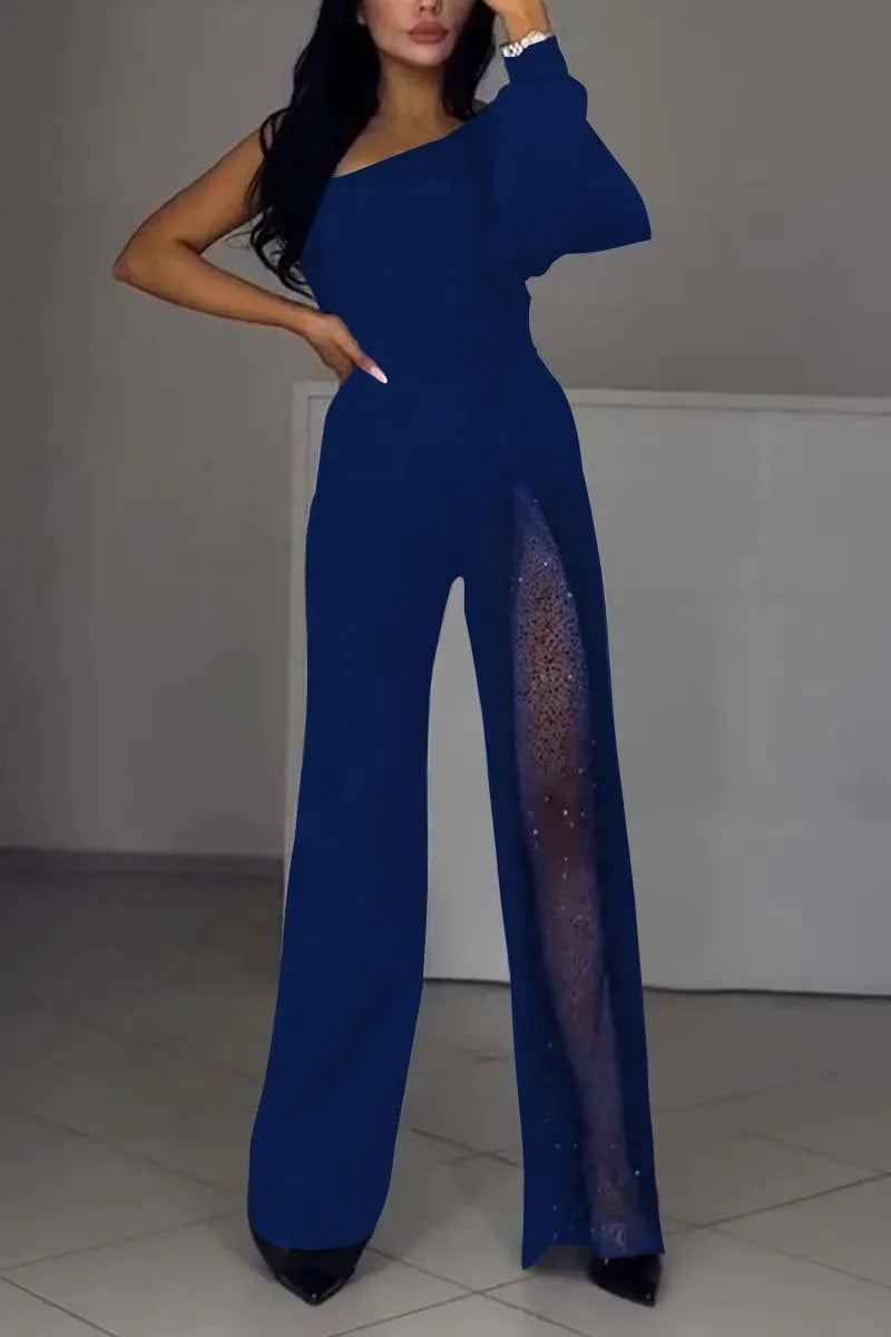 Fashion One-shoulder Sexy Mesh Stitching Jumpsuit