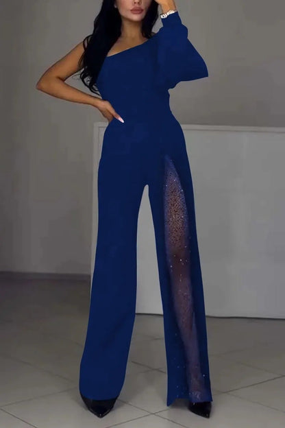 Fashion One-shoulder Sexy Mesh Stitching Jumpsuit