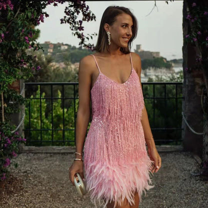 Fashionable Tassel Sequined Feather Patchwork Dress