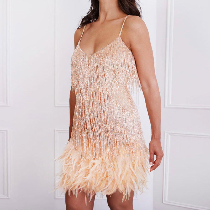 Fashionable Tassel Sequined Feather Patchwork Dress