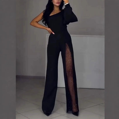 Fashion One-shoulder Sexy Mesh Stitching Jumpsuit