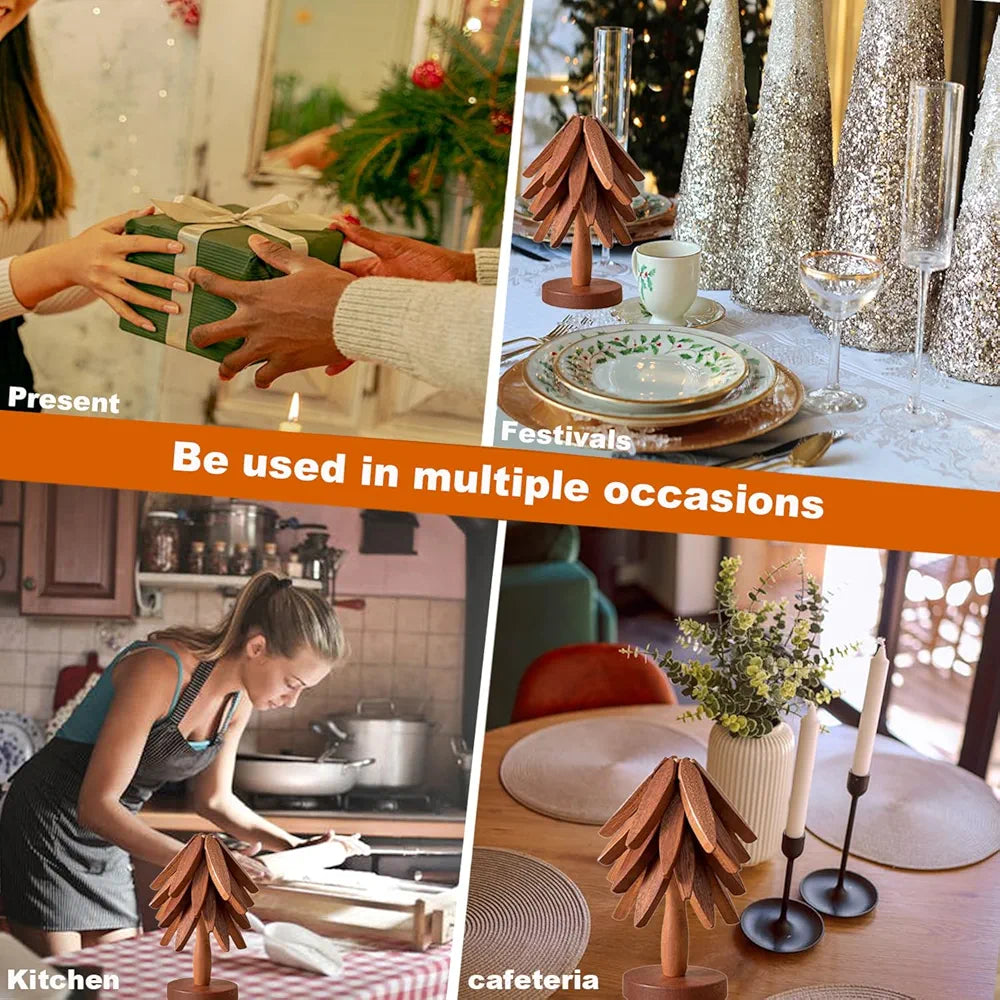 Wooden Trivets Coasters Set of 4 Tree Shape Trivet Set Foldable Heat Resistant Pads Reusable Wooden Trivets Potholder for Kitchen Accessories