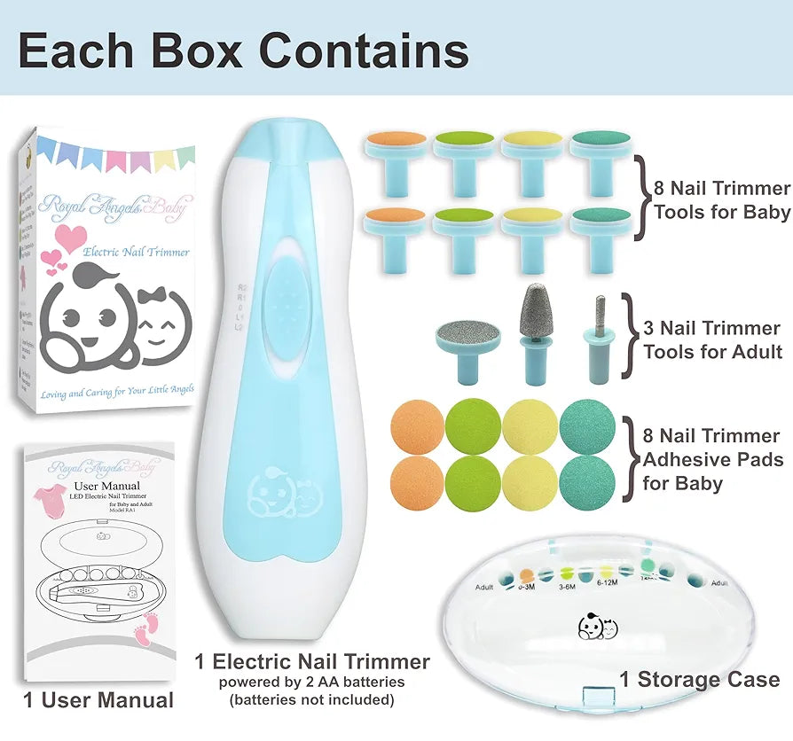 Baby Nail Trimmer 21 in 1, Usage Labeled Case & 13 Extra Replacement Tools, Royal Angels Baby Electric Nail File, Baby Nail Care, Nail Clipper Newborn Toddler Toes & Fingernails Nail Kit 