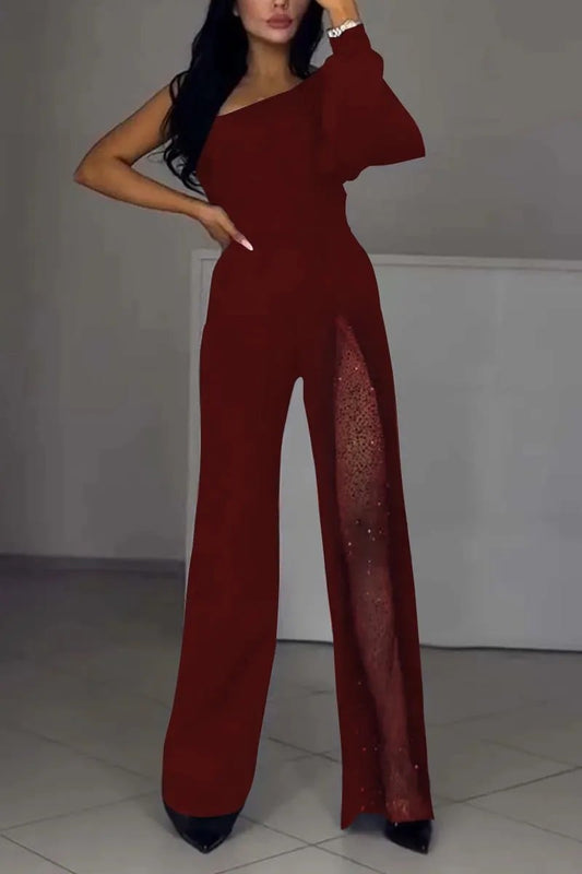 Fashion One-shoulder Sexy Mesh Stitching Jumpsuit