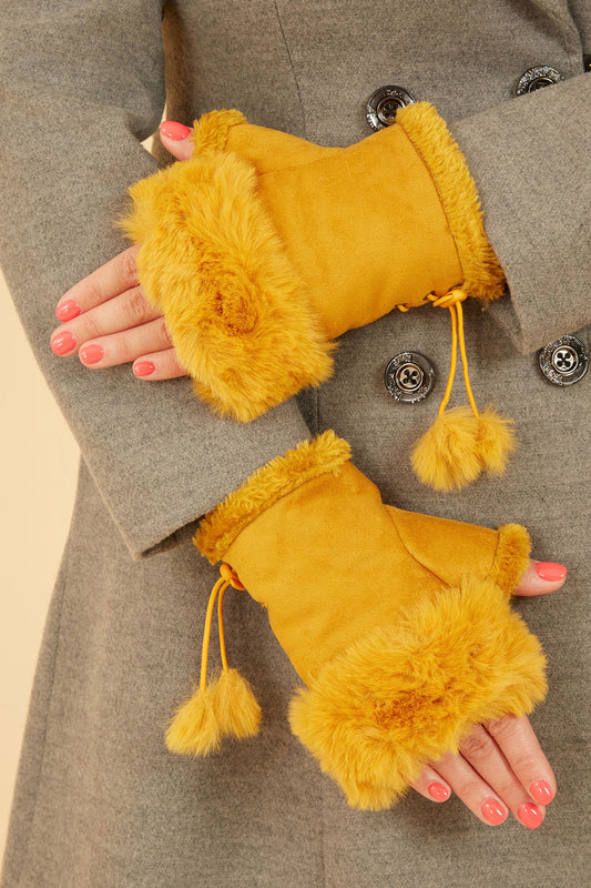 Mustard Fur Fingerless Suede Mittens