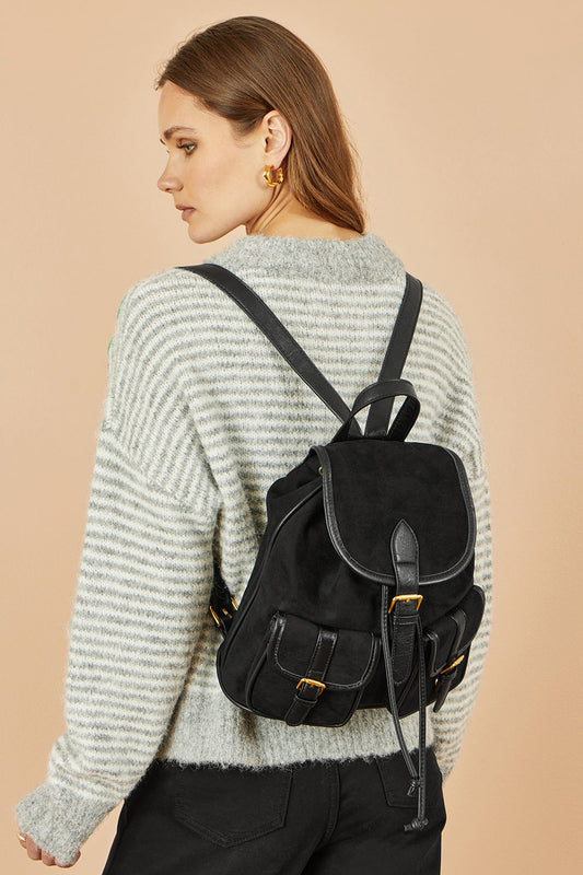 Yumi Black Faux Suede Pocket Rucksack