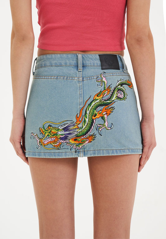 Womens Crawling Dragon Denim Mini Skirt - Blue