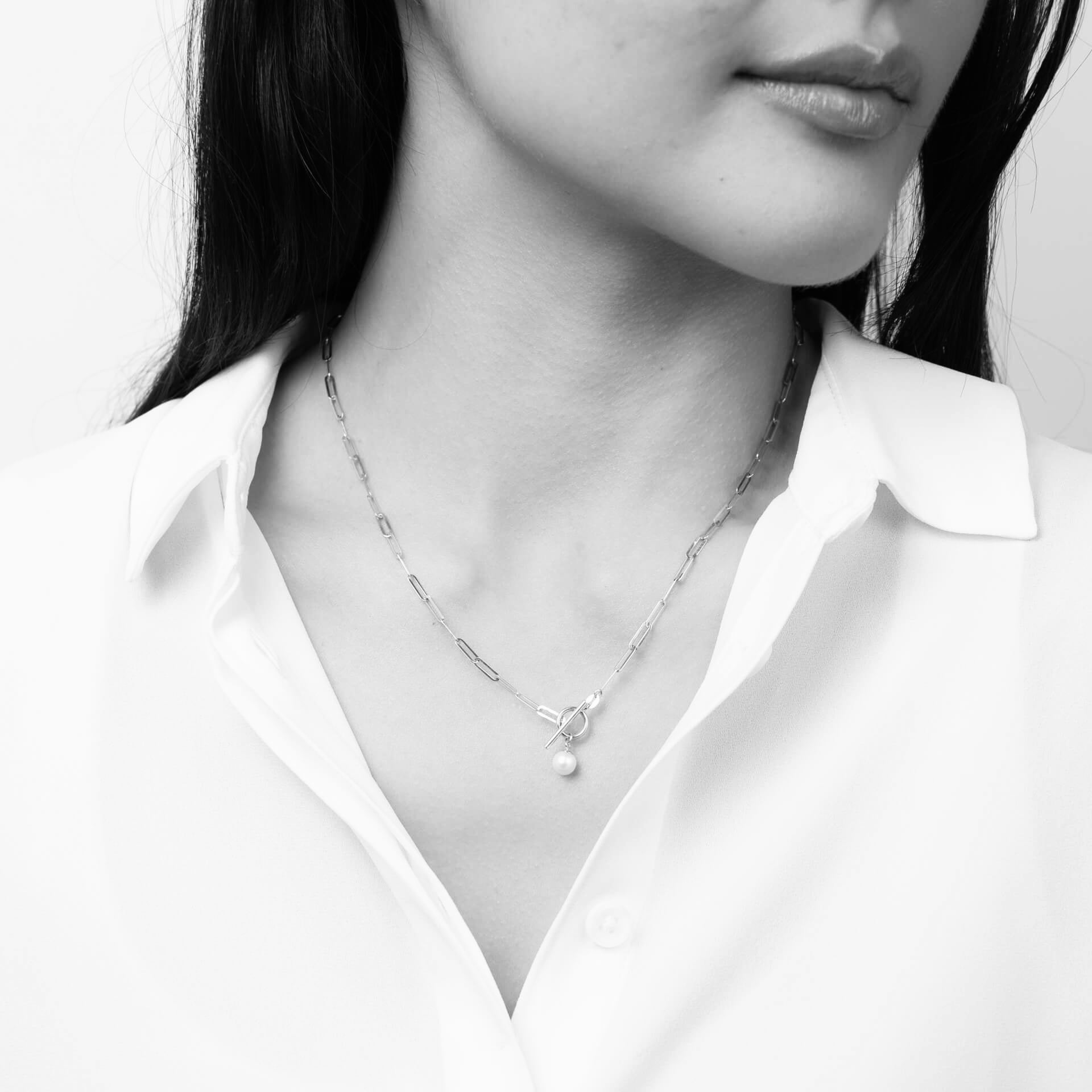 Elements Gold T-Bar Chain Necklace with Freshwater Pearl Charm