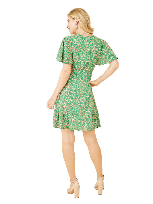 Mela Green Ditsy Print Wrap Front Skater Dress