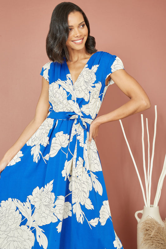 Mela Blue Blossom Print Wrap Midi With Dipped Hem