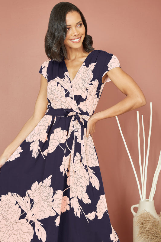 Mela Navy Blossom Print Wrap Midi With Dipped Hem