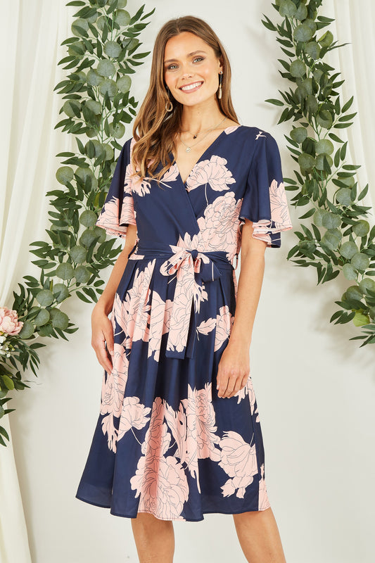 Mela Navy Blossom Print Wrap Skater Dress