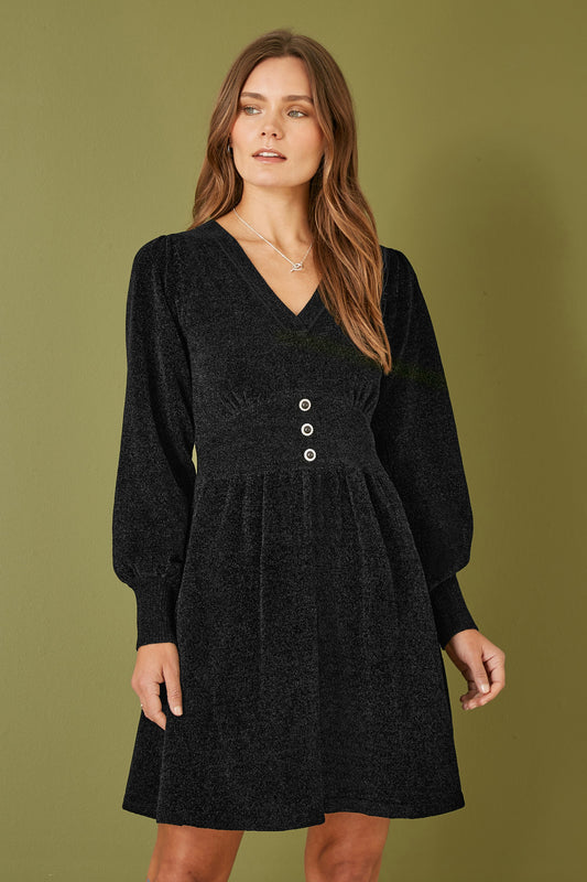 Yumi Black V Neck Empire Line Knitted Skater Dress
