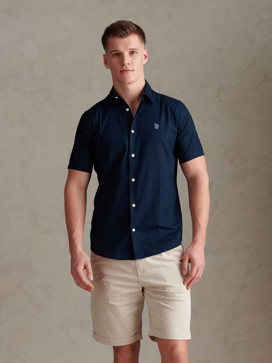 Mens Linen Blend Short Sleeve Shirt Dark Sapphire Navy / Moonlight Blue DHM