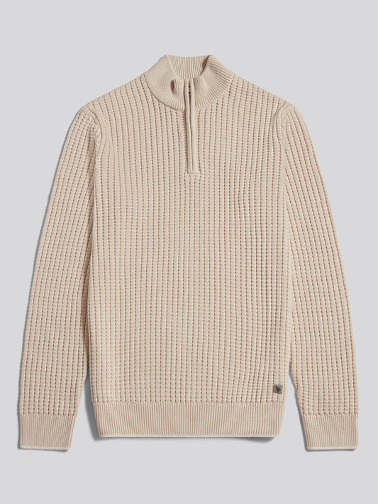 Mens Open Knit Quarter Zip Funnel Jumper Beige