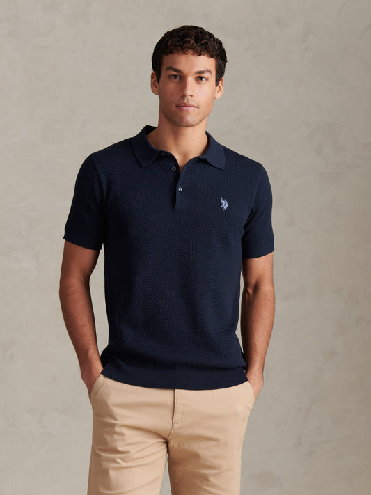 Mens Moss Stitch Knit Polo Shirt Dark Sapphire Navy