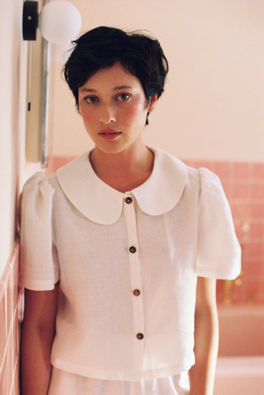 Frances Linen Cropped Blouse  - White - Delivery from April 26