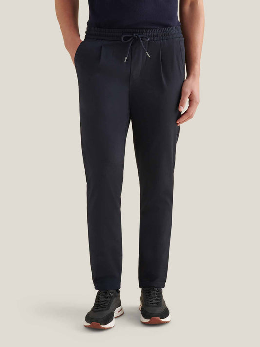 Single-Pleat Drawstring Travel Trousers in Navy Blue
