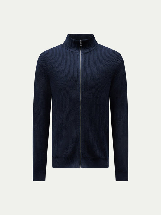 Cotton Knit Funnel-Neck Zip Cardigan in Dark Sapphire Navy
