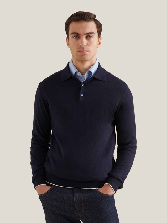 Jersey Knit Long Sleeve Polo Shirt in Dark Sapphire Navy