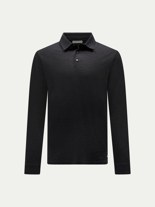 Slub Jersey Long Sleeve Polo Shirt in Black