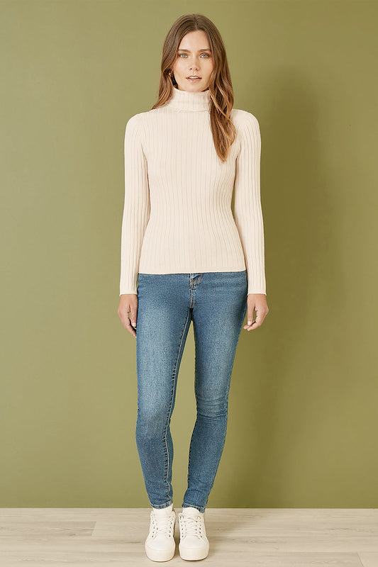 Mela Oatmeal Ribbed Knit Roll Neck Jumper