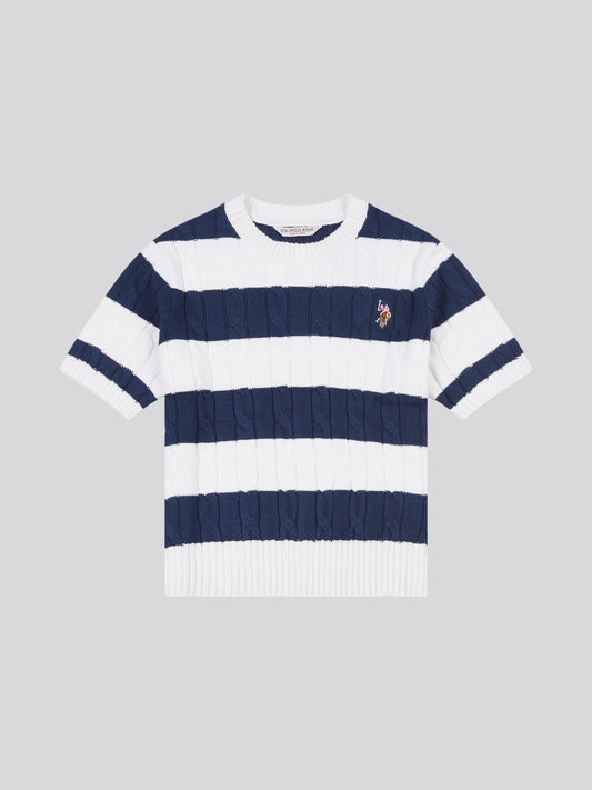 Womens Stripe Loose Cable Knit Short Sleeve Jumper in Navy Iris