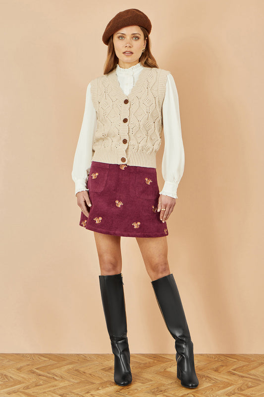 Yumi Burgundy Corduroy Embroidered Squirrel Mini Skirt