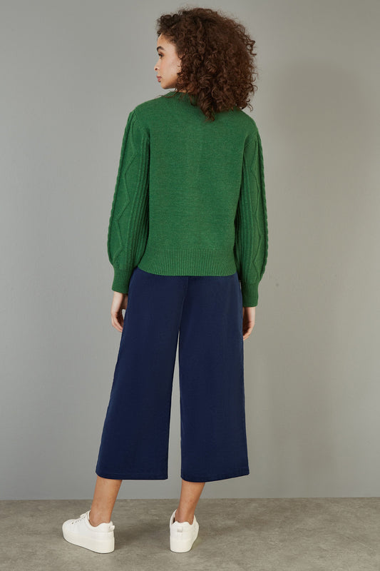 Yumi Navy Cord Cropped Wide Leg Trousers With Pockets
