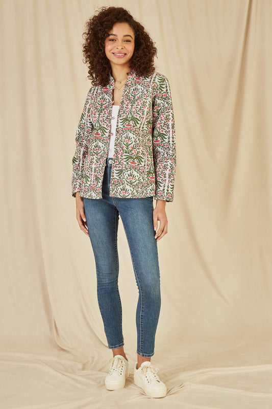 Yumi Pink Floral Print Reversible Cotton Quilted Jacket