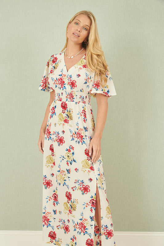 Yumi White Floral Recycled Fabric Ruched Waist Midi Dress