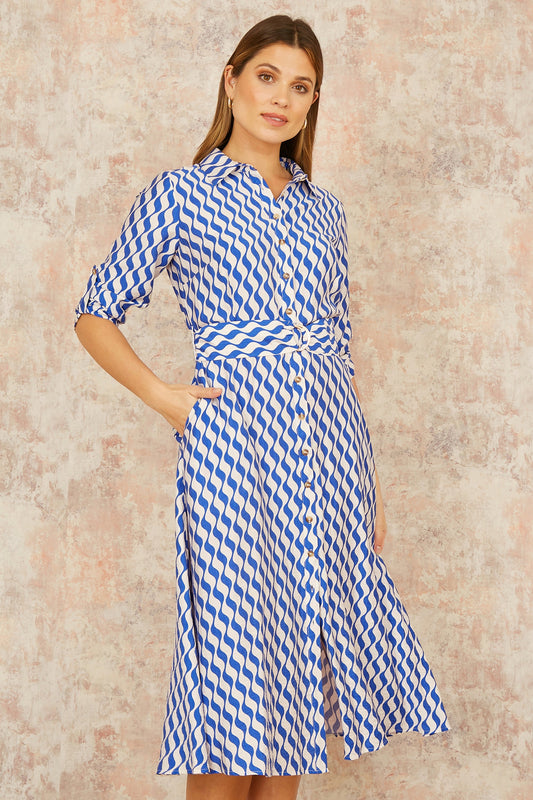 Yumi Blue Geo Swirl Print Midi Shirt Dress