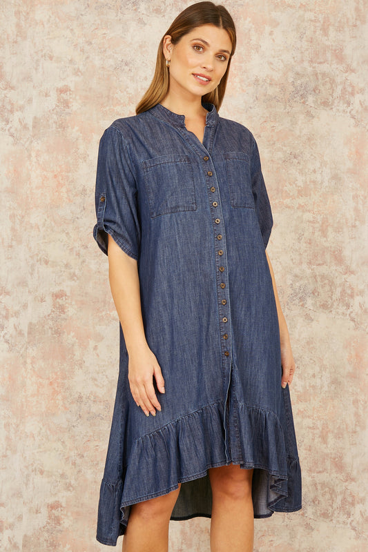 Yumi Blue Chambray Denim Dip Hem Relaxed Fit Shirt Dress