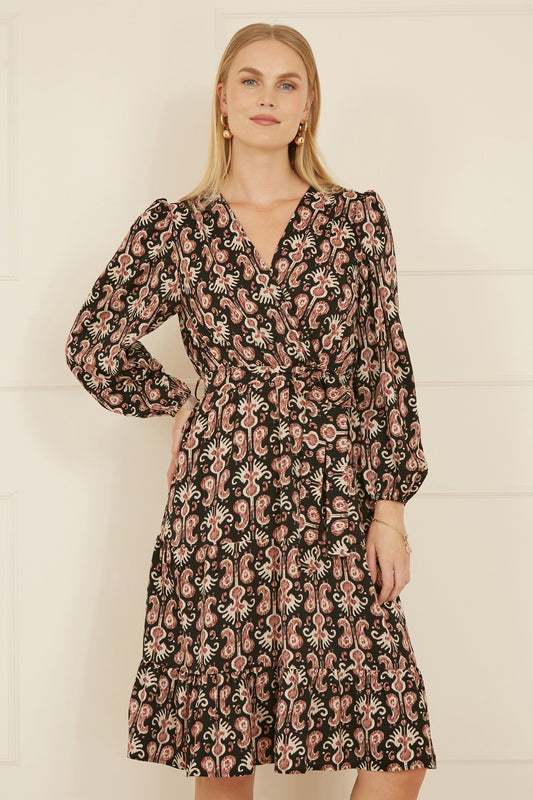 Yumi Black Ikat Long Sleeve Skater Dress