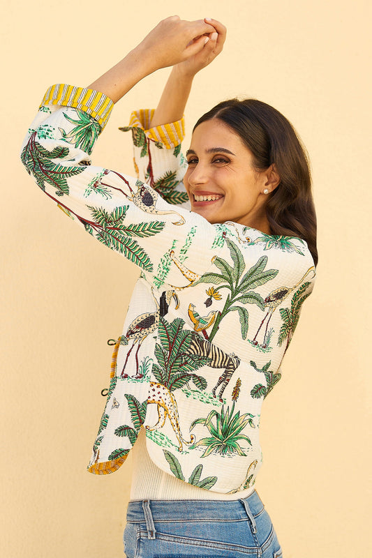 Yumi White Animal Reversible Cotton Quilted Jacket