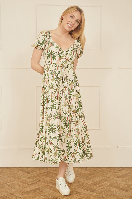 Yumi White Cotton Palm Print Ruched Midi Dress