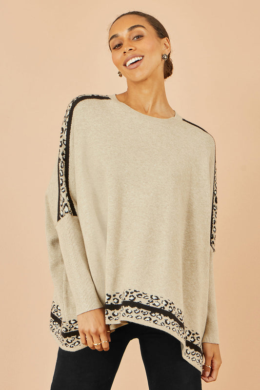 Yumi Oatmeal Leopard Print Border Relaxed Fit Jumper
