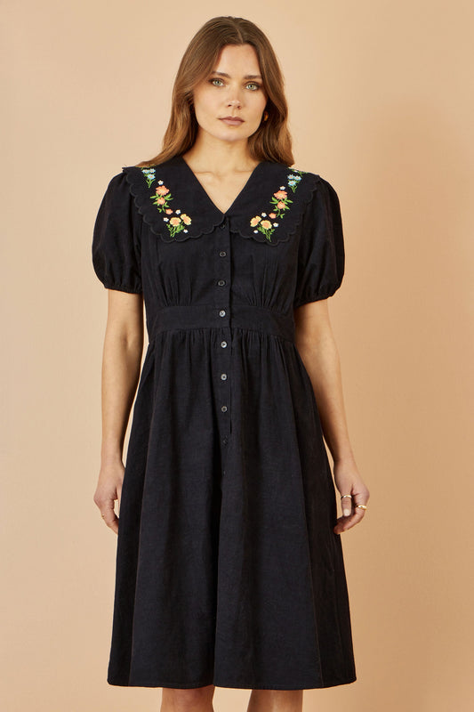 Yumi Black Long Sleeve Midi Dress With Floral Embroidery