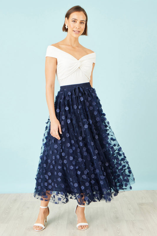 Yumi Navy Mesh Floral Applique Midi Skirt