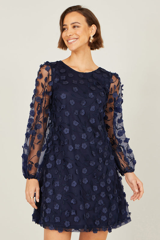 Yumi Navy Long Sleeve Floral Applique Tunic