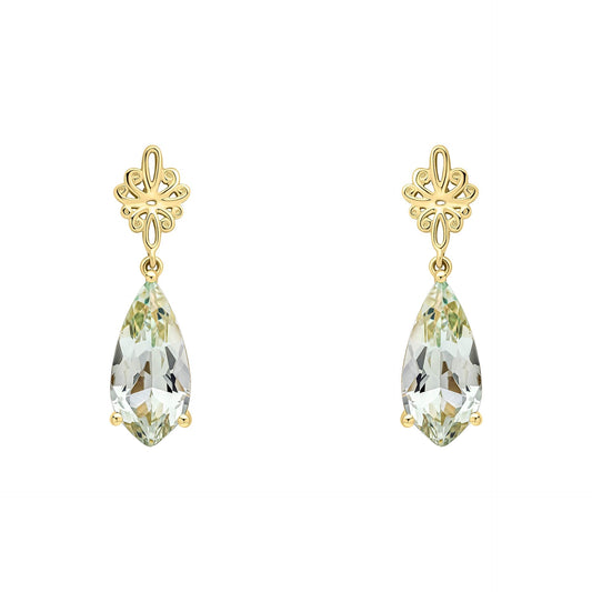 Elements Gold Fancy Cut Green Quartz Drop Earrings with Swirl Detail
