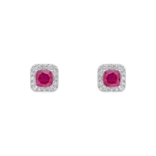 Elements Gold Cushion Cut Ruby with Diamond Halo Stud Earrings