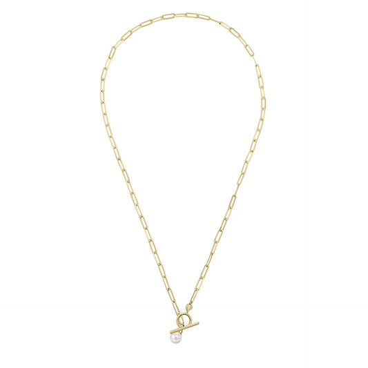 Elements Gold T-Bar Chain Necklace with Freshwater Pearl Charm